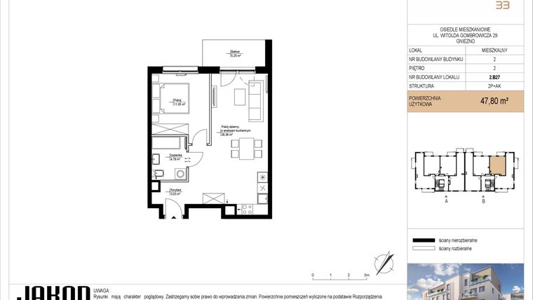 Rzut - Mieszkanie na sprzedaż 2 pokoje o powierzchni 47,8 m² - numer 2.B27 w Gombrowicza 33 - etap II
