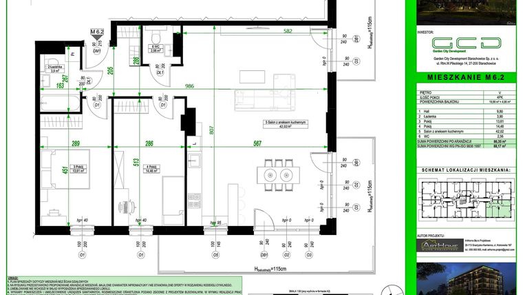 Rzut - Mieszkanie na sprzedaż 3 pokoje o powierzchni 86,35 m² - numer 6.2. w City Park Apartments