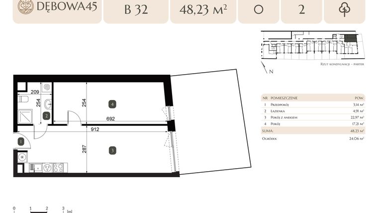 Rzut - Lokal użytkowy na sprzedaż 2 pokoje o powierzchni 48,23 m² - numer B.32 - LU4 w Dębowa 45