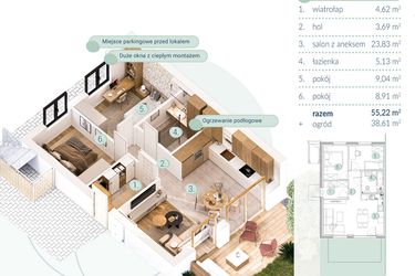 Rzut - Mieszkanie na sprzedaż 3 pokoje o powierzchni 55,22 m² - numer B.5.1 w Enklawa