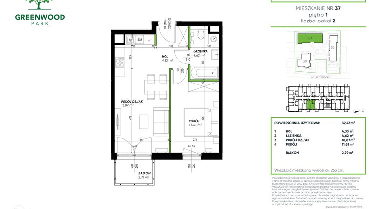 Rzut - Mieszkanie na sprzedaż 2 pokoje o powierzchni 39,43 m² - numer B 37 w Greenwood Park