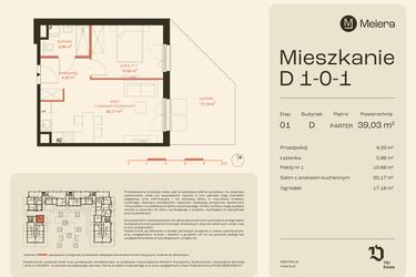 Rzut - Mieszkanie na sprzedaż 2 pokoje o powierzchni 39,03 m² - numer D1-0-1 w Osiedle Meiera