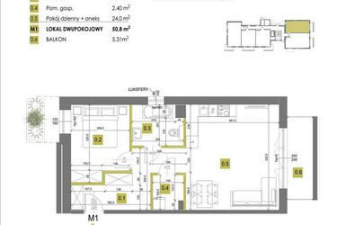 Rzut - Mieszkanie na sprzedaż 2 pokoje o powierzchni 50,8 m² - numer M1 w Mazowiecka 69
