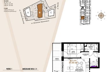 Rzut - Mieszkanie na sprzedaż 2 pokoje o powierzchni 37 m² - numer VB.1.11 w Vanda Park