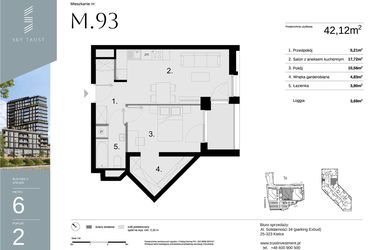 Rzut - Mieszkanie na sprzedaż 2 pokoje o powierzchni 42,12 m² - numer M93 w Sky Trust etap II