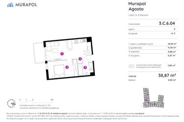 Rzut - Mieszkanie na sprzedaż 1 pokój o powierzchni 38,97 m² - numer 3.C.6.04 w Murapol Agosto