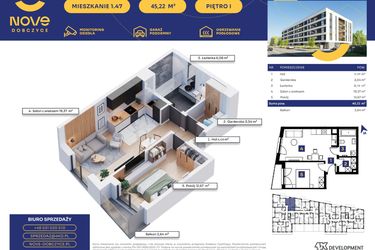 Rzut - Mieszkanie na sprzedaż 2 pokoje o powierzchni 45,23 m² - numer M47 w Nove Dobczyce