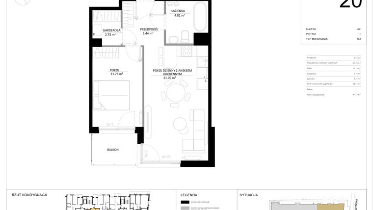 Rzut - Mieszkanie na sprzedaż 2 pokoje o powierzchni 46,41 m² - numer 20 w SILO