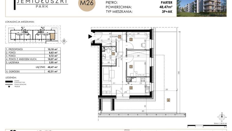 Rzut - Mieszkanie na sprzedaż 3 pokoje o powierzchni 48,47 m² - numer M26 w Jemiołuszki Park