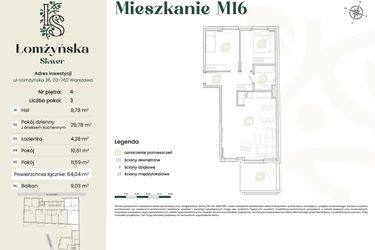 Rzut - Mieszkanie na sprzedaż 3 pokoje o powierzchni 64,04 m² - numer 16 w Łomżyńska Skwer