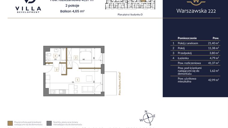 Rzut - Mieszkanie na sprzedaż 2 pokoje o powierzchni 41,37 m² - numer 13 w Warszawska 222 bud. D