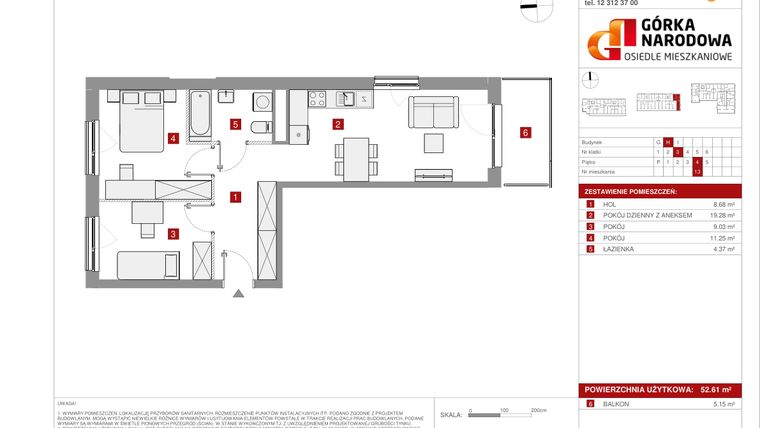 Rzut - Mieszkanie na sprzedaż 3 pokoje o powierzchni 52,61 m² - numer GN_4_1_H_13 w Osiedle Górka Narodowa