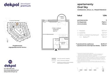 Rzut - Mieszkanie na sprzedaż 1 pokój o powierzchni 30,79 m² - numer 1.04 w OVAL SKY