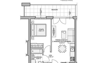 Rzut - Mieszkanie na sprzedaż 2 pokoje o powierzchni 36,43 m² - numer WO/O16/20 w Wiszące Ogrody