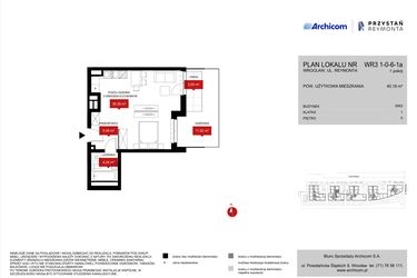 Rzut - Mieszkanie na sprzedaż 1 pokój o powierzchni 40,18 m² - numer WR3 1/0/6/1a w Przystań Reymonta etap II