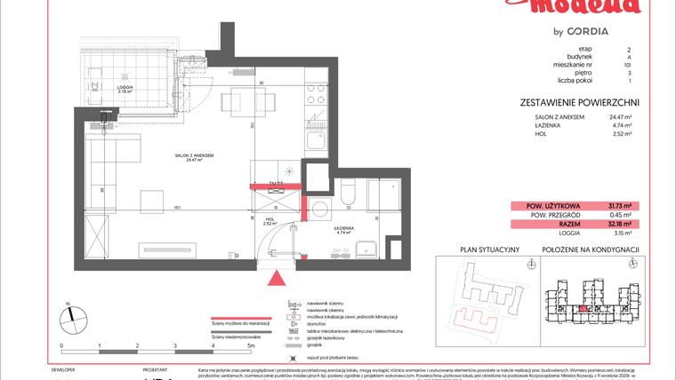 Rzut - Mieszkanie na sprzedaż 1 pokój o powierzchni 31,73 m² - numer A.101 w Modena II