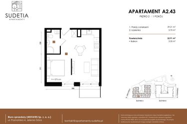 Rzut - Mieszkanie na sprzedaż 1 pokój o powierzchni 32,91 m² - numer A 2.43 w Apartamenty Sudetia