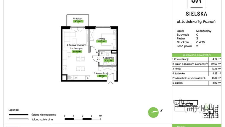 Rzut - Mieszkanie na sprzedaż 2 pokoje o powierzchni 46,12 m² - numer C.4.25 w JA_SIELSKA V