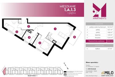 Rzut - Mieszkanie na sprzedaż 3 pokoje o powierzchni 53,01 m² - numer 1.A.1.3 w 2M Apartments etap IV