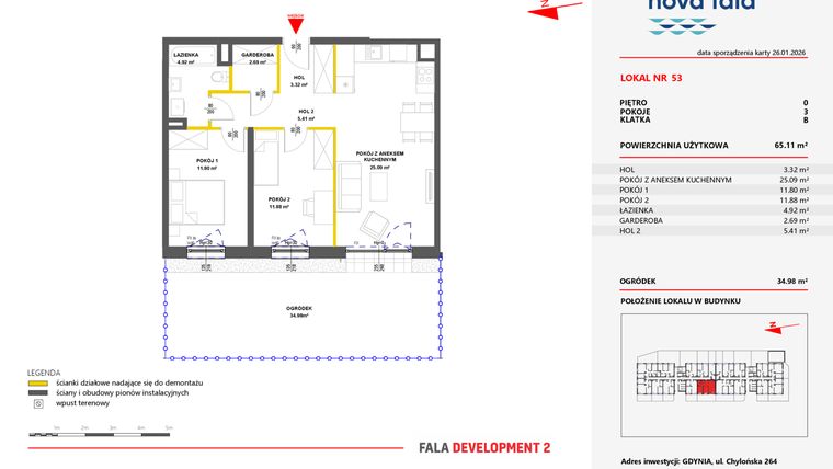 Rzut - Mieszkanie na sprzedaż 3 pokoje o powierzchni 65,03 m² - numer 53 w Miasteczko Nova Fala