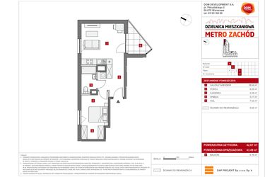 Rzut - Mieszkanie na sprzedaż 2 pokoje o powierzchni 43,49 m² - numer A.43 w Dzielnica Mieszkaniowa Metro Zachód - etap 6