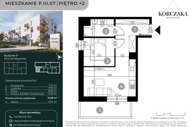 Rzut - Mieszkanie na sprzedaż 2 pokoje o powierzchni 31,58 m² - numer P.III.07 w Korczaka Apartamenty