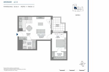 Rzut - Mieszkanie na sprzedaż 2 pokoje o powierzchni 50,96 m² - numer A.1.5 w Linea bud. A