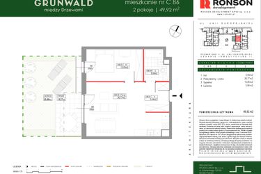 Rzut - Mieszkanie na sprzedaż 2 pokoje o powierzchni 49,92 m² - numer C086 w Grunwald Między Drzewami etap III