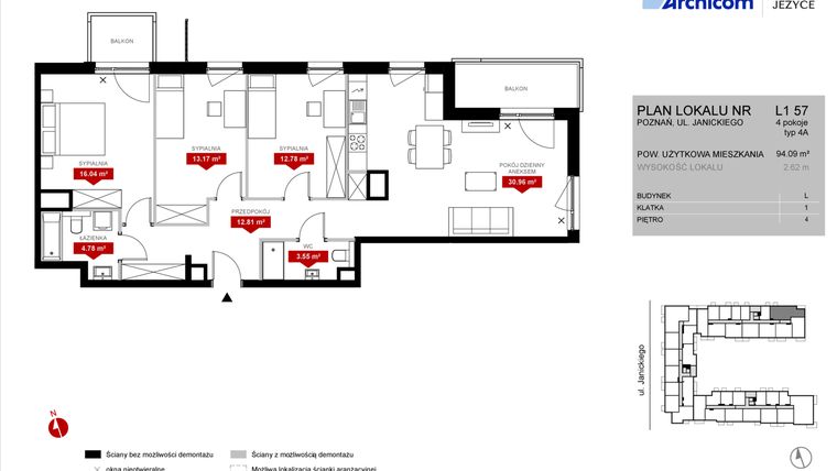 Rzut - Mieszkanie na sprzedaż 4 pokoje o powierzchni 94,09 m² - numer L1.57 w Wieża Jeżyce etap VI
