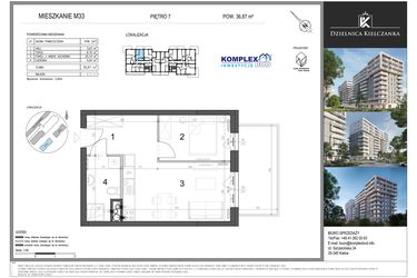 Rzut - Mieszkanie na sprzedaż 2 pokoje o powierzchni 36,87 m² - numer 33 w Dzielnica Kielczanka etap II