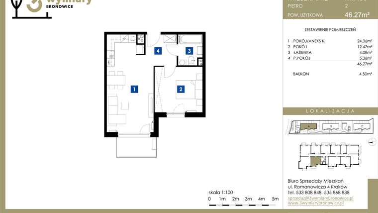 Rzut - Mieszkanie na sprzedaż 2 pokoje o powierzchni 46,27 m² - numer M.A33 w 3 Wymiary Bronowice
