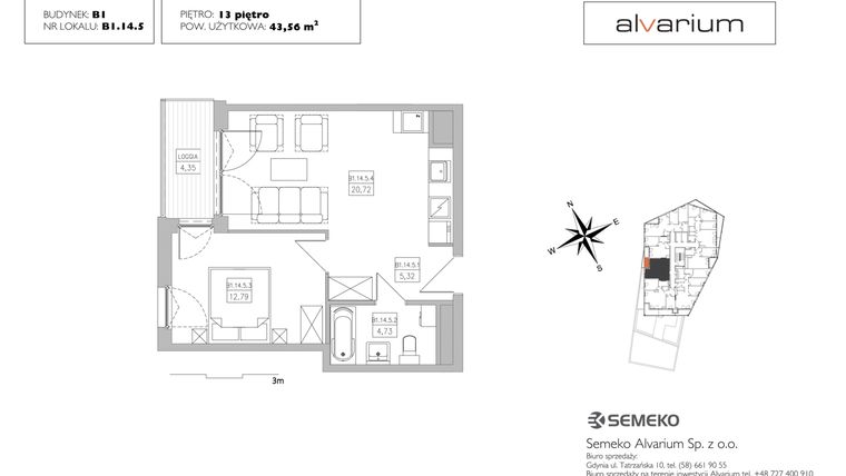 Rzut - Mieszkanie na sprzedaż 2 pokoje o powierzchni 46 m² - numer B1.14.5 w Alvarium 2.0