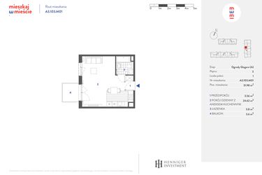Rzut - Mieszkanie na sprzedaż 1 pokój o powierzchni 31,97 m² - numer A3.103.M01 w Mieszkaj w mieście - Ogrody Glogera