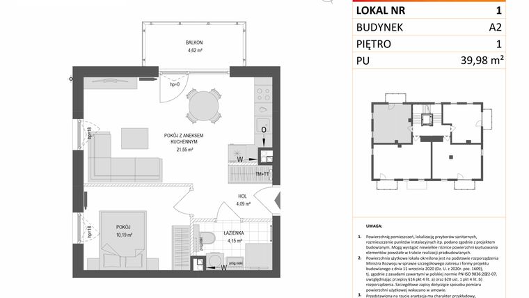Rzut - Mieszkanie na sprzedaż 2 pokoje o powierzchni 39,98 m² - numer A2.1 w Gdańskie Zacisze