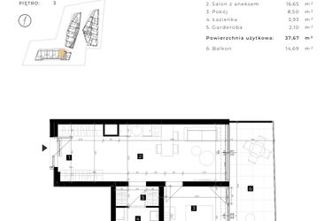 Rzut - Mieszkanie na sprzedaż 2 pokoje o powierzchni 37,67 m² - numer A.3.25 w Cisha Apartamenty Dziwnów