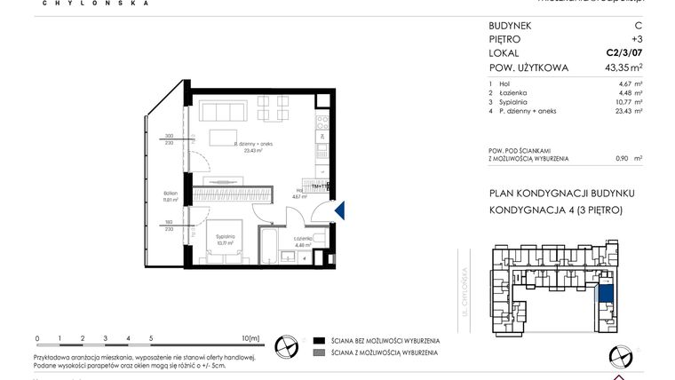 Rzut - Mieszkanie na sprzedaż 2 pokoje o powierzchni 43,35 m² - numer C2/3/07 w Chylońska STO10 etap III