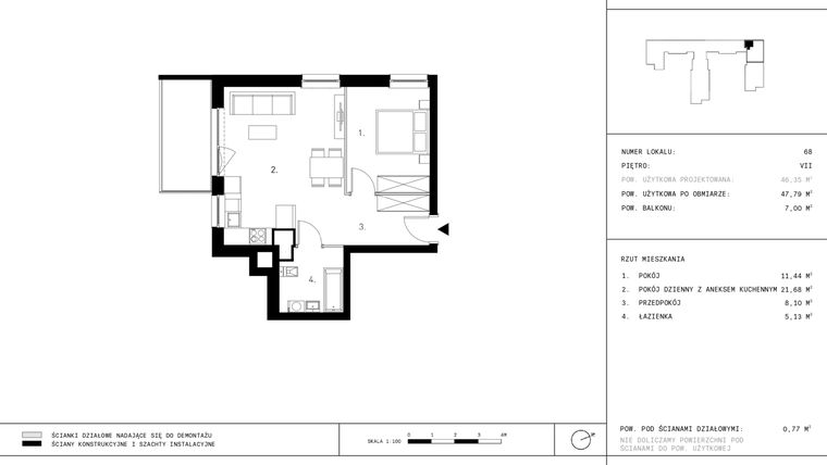 Rzut - Mieszkanie na sprzedaż 2 pokoje o powierzchni 47,79 m² - numer 7.A40 w Staszica 3