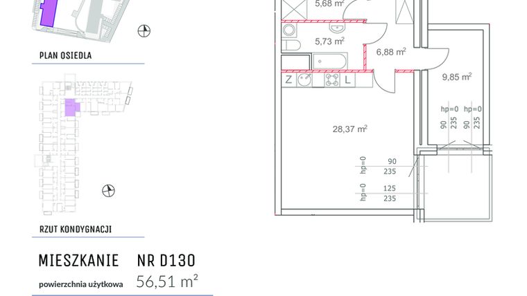 Rzut - Mieszkanie na sprzedaż 2 pokoje o powierzchni 56,51 m² - numer D130 w Osiedle Impresja 2