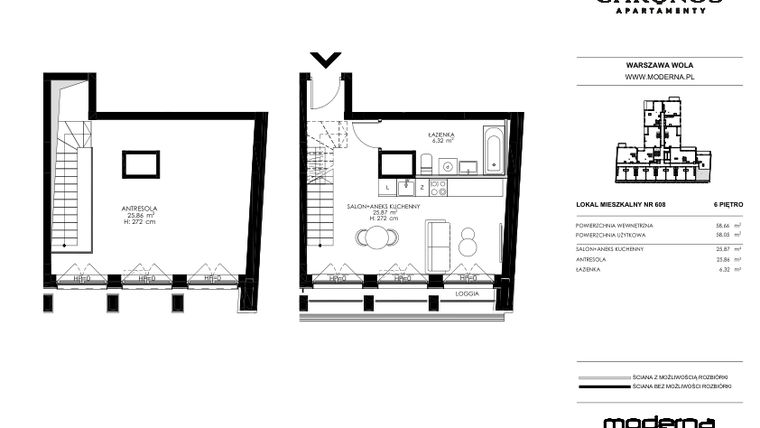 Rzut - Mieszkanie na sprzedaż 3 pokoje o powierzchni 58,05 m² - numer 608 w Chronos