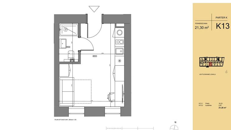 Rzut - Mieszkanie na sprzedaż 1 pokój o powierzchni 21,38 m² - numer K13 w Rezydencja San Petrus