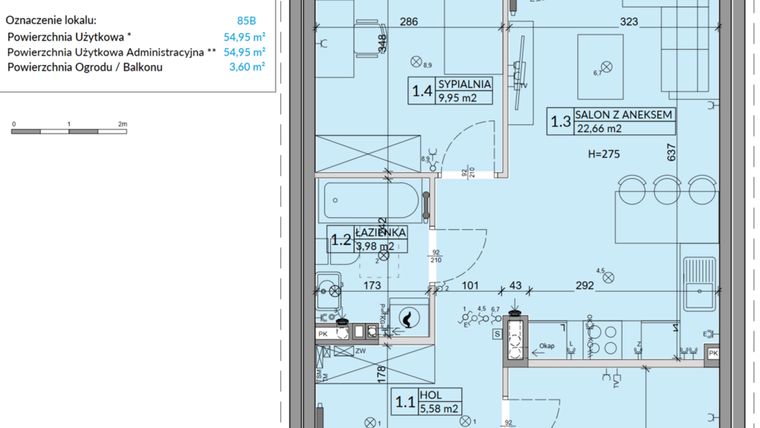Rzut - Mieszkanie na sprzedaż 3 pokoje o powierzchni 54,95 m² - numer 85B w Osiedle Młodych etap VI
