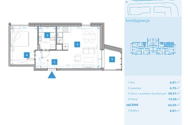 Rzut - Mieszkanie na sprzedaż 2 pokoje o powierzchni 43,65 m² - numer 31 w Apartamenty Macadamia