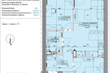 Rzut - Mieszkanie na sprzedaż 3 pokoje o powierzchni 54,95 m² - numer 90B w Osiedle Młodych etap VI