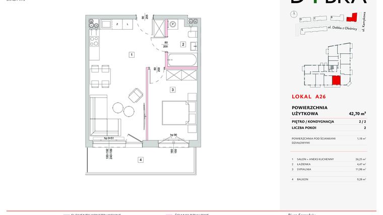 Rzut - Mieszkanie na sprzedaż 2 pokoje o powierzchni 42,7 m² - numer A26 w Dobka