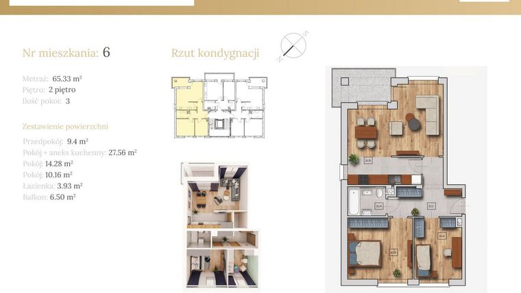 Rzut - Mieszkanie na sprzedaż 3 pokoje o powierzchni 66,24 m² - numer 51B.6 w Dębowa 51