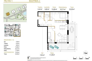 Rzut - Mieszkanie na sprzedaż 3 pokoje o powierzchni 74,44 m² - numer 1.6/J w Panorama Park