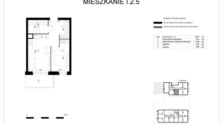 Rzut - Mieszkanie na sprzedaż 2 pokoje o powierzchni 36,31 m² - numer I.2.5 w Pryncypalna 66