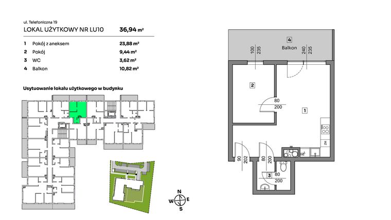 Rzut - Mieszkanie na sprzedaż 2 pokoje o powierzchni 36,94 m² - numer L.U. 10 w Nova Radiostacja - apartamenty inwestycyjne