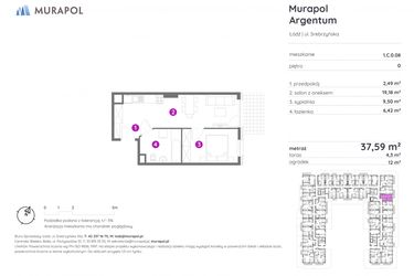 Rzut - Mieszkanie na sprzedaż 2 pokoje o powierzchni 37,59 m² - numer 1.C.0.08 w Murapol Argentum