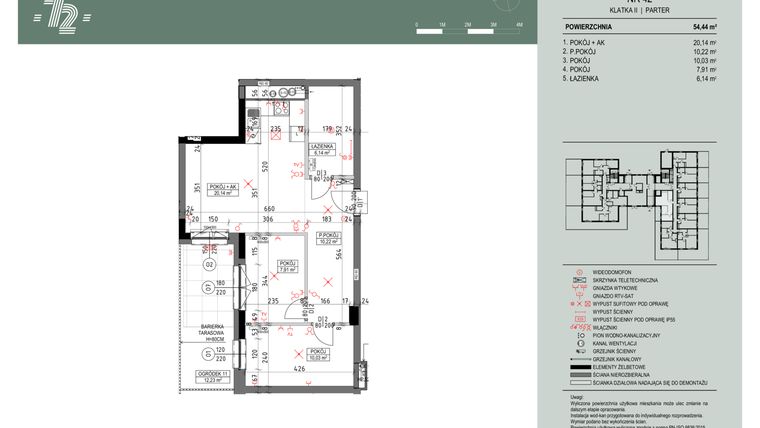 Rzut - Mieszkanie na sprzedaż 3 pokoje o powierzchni 54,53 m² - numer 42 w Wspólnota Mieszkaniowa Gajowa 72